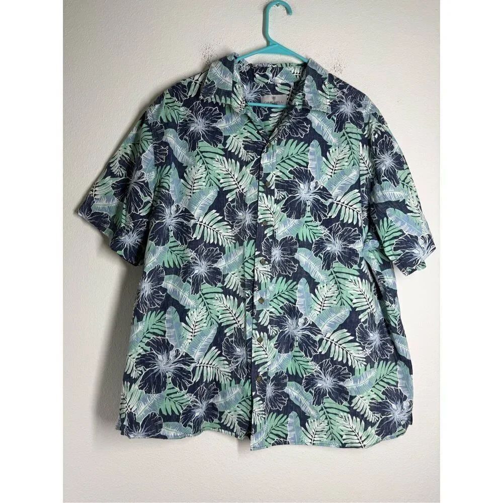 Oak Hill Mens Turquoise Palm Hawaiian Short Sleeve Button Up Shirt Size 1XL*Note